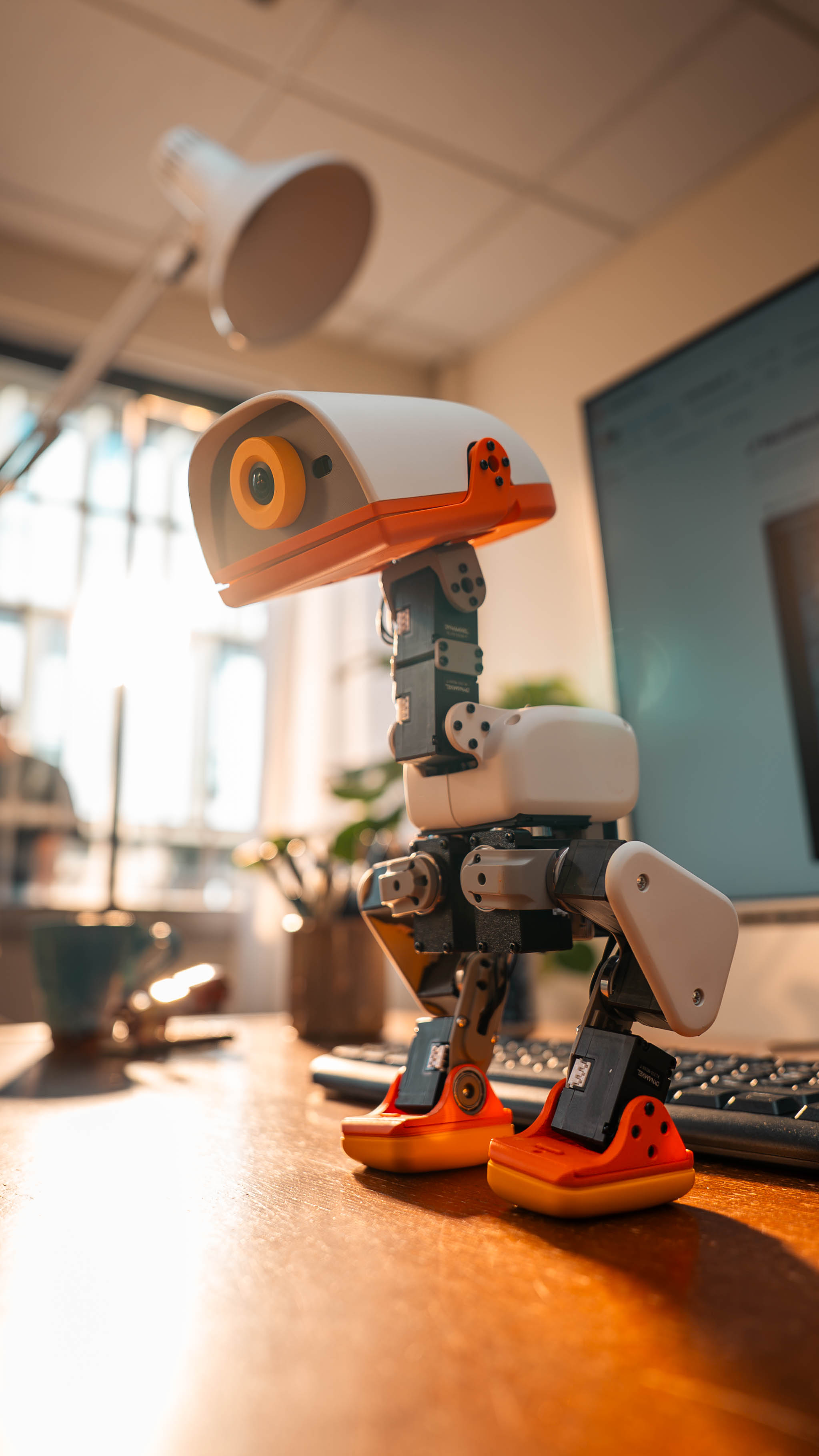 Close-up of the real Microduck biped robot